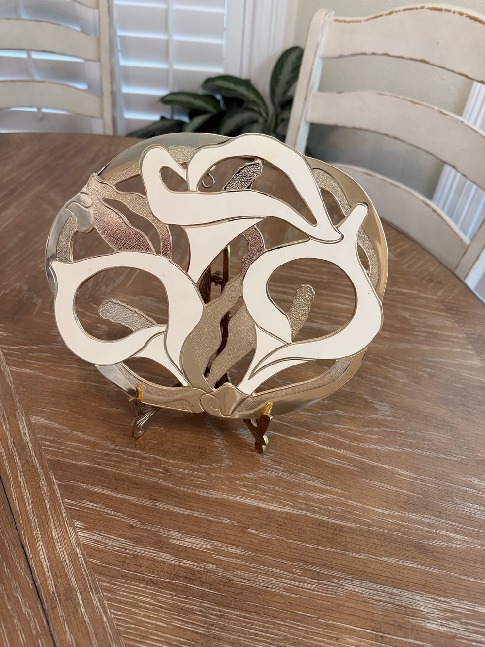 Calla Lily Trivet by Wm. A. Roger's gold tone white enamel Footed Trivet